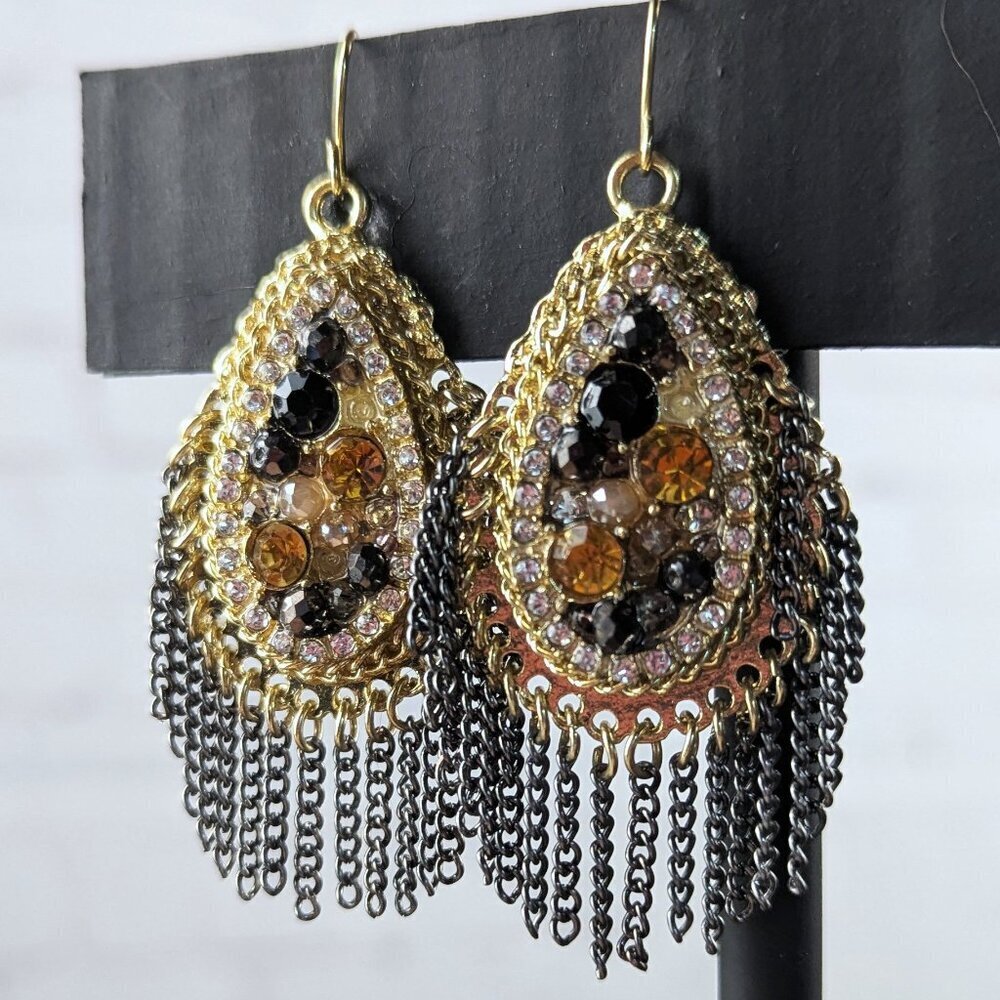 Gold-Tone Dangling Chain & Rhinestone Earrings